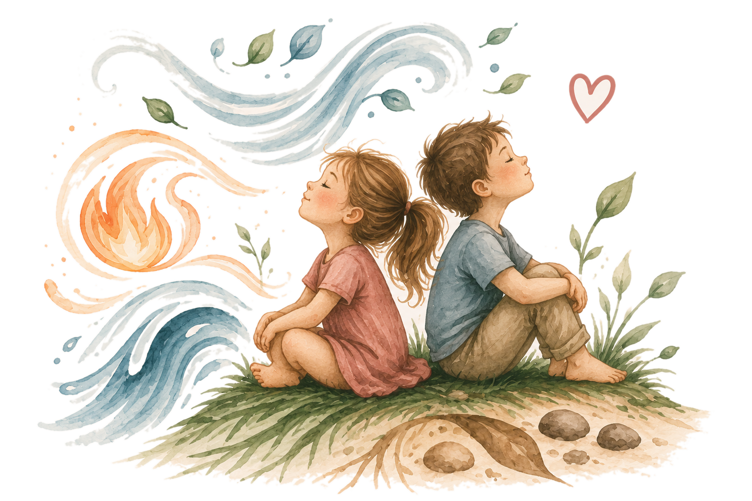 Jemná akvarelová ilustrace dítěte obklopeného čtyřmi živly